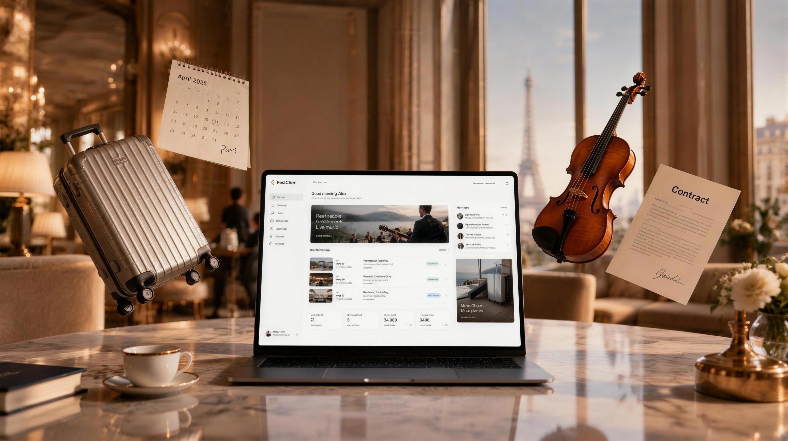 A laptop showing the FirstChair dashboard in a Paris hotel lobby, with a suitcase, calendar, contract and violin floating around it
